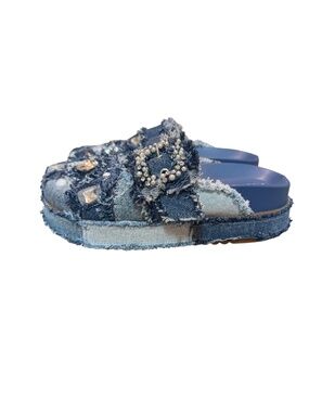 Embellished Patchwork Denim Slide Sandals Size 6.5 Gianni Bini